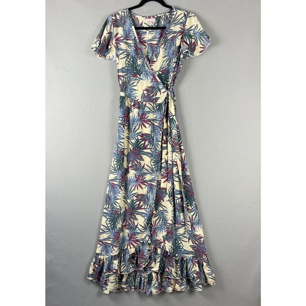 Cienna Silk Blend Wrap Dress Womens Small Ruffle Midi Hawaiian Tropical NEW
